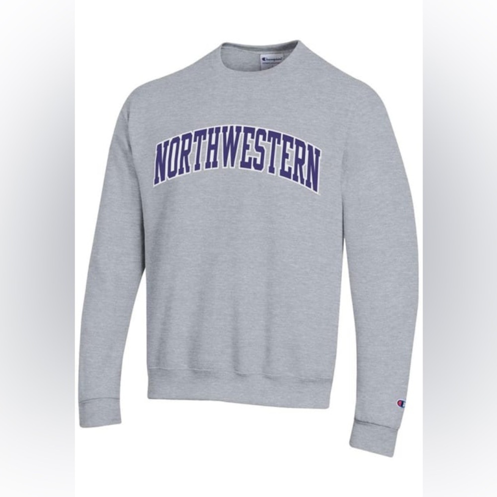 CHAMPION NORTHWESTERN WILDCATS GREY POWERBLEND TWILL LONG SLEEVE CREW SWEATSHIRT